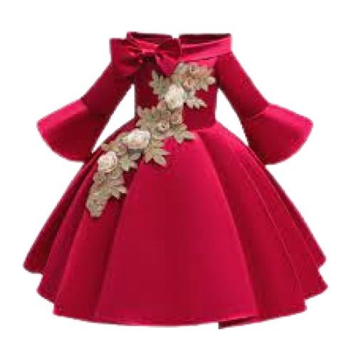 Kids Full Sleeve Embroidered Red Polyester Modern Frocks Bust Size: 18 Inch (In)