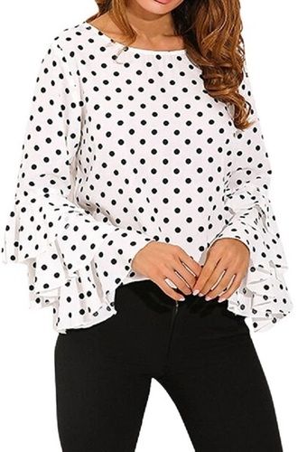 White Ladies Printed Full Sleeves Casual Wear Top