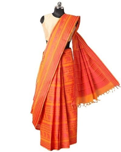 Summer Ladies Printed Casual Wear Orange Cotton Saree