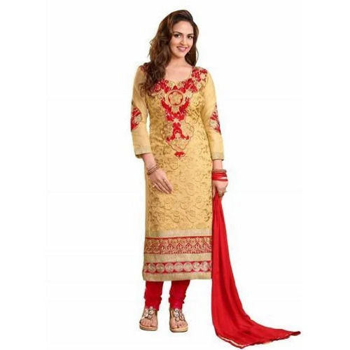 Red And Yellow Short Sleeves Stitched Embroidered Stitched Suit For Ladies