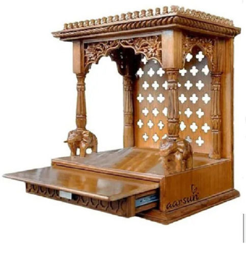 Brown 46 Cm Height Teak Intricate Carving Wood Temple