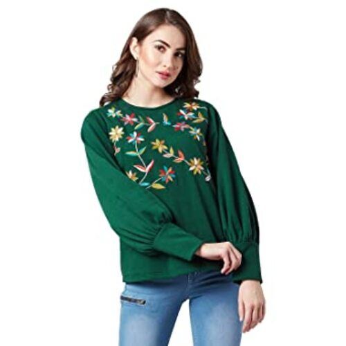 Casual Wear Long Sleeves Embroidered Woolen Sweat Shirt For Ladies