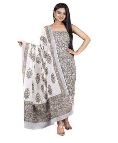 Grey And White Casual Wear Printed Cotton Unstitched Salwar Suit For Ladies 