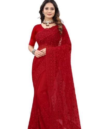 Red Chiffon Fabric Net Embroidery Sarees