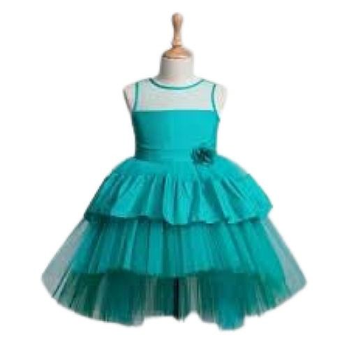 Kids Plain Blue Sleeveless Chiffon Frock Bust Size: 12 Inch (In)