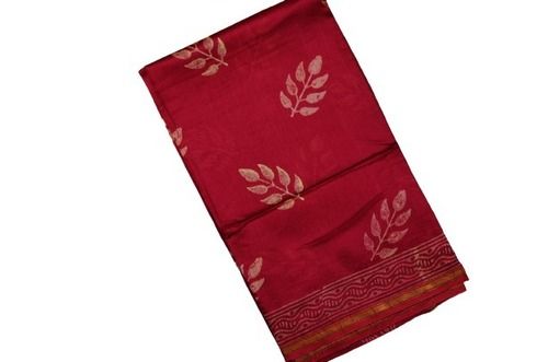 Red Ladies Traditional Wear Hand Block Printed Small Zari Border Silk Sarees 