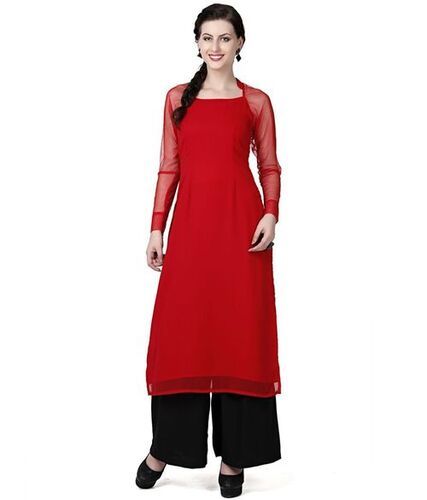 Unfadable Washable Full Sleeves Plain Dyed Georgette Kurti For Ladies Bust Size: 32 Inch (In)