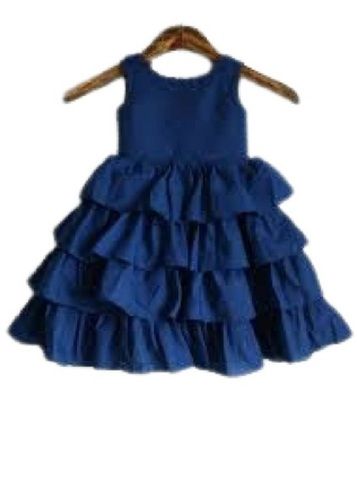 Girls Round Neck Sleeveless Modern Style Plain Navy Blue Cotton Kids Frocks Bust Size: 19 Inch (In)