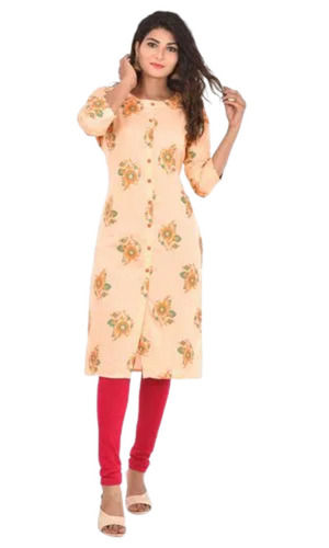 Washable Casual Wear 3/4Th Sleeves Printed Pattern Pure Cotton Kurti For Ladies 