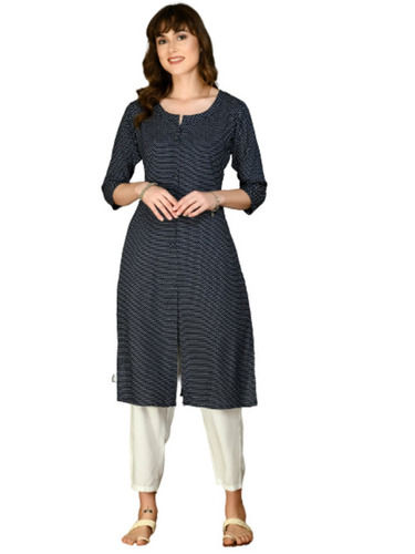 Blue Casual Wear No Fade 3/4Th Sleeve Rayon Printed Kurti For Ladies