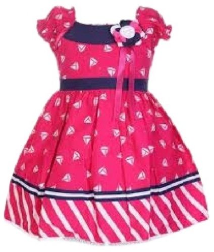 Kids Pink With White Printed Short Sleeve Breathable Cotton Frock Bust Size: 10 Inch (In)