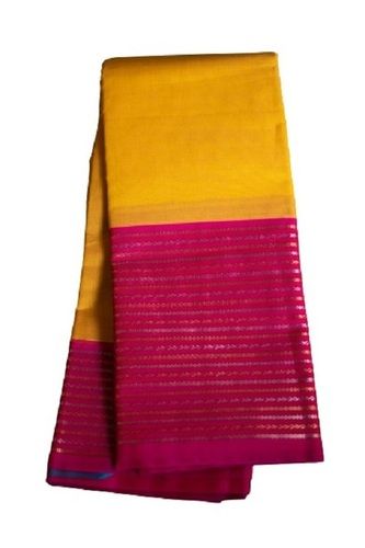 Yellow And Pink Ladies Party Wear Plain Long Border Cotton Silk Sarees