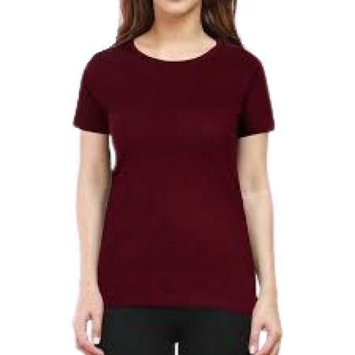 Maroon Ladies Plain Short Sleeve Round Neck Casual Wear Cotton T Shirt