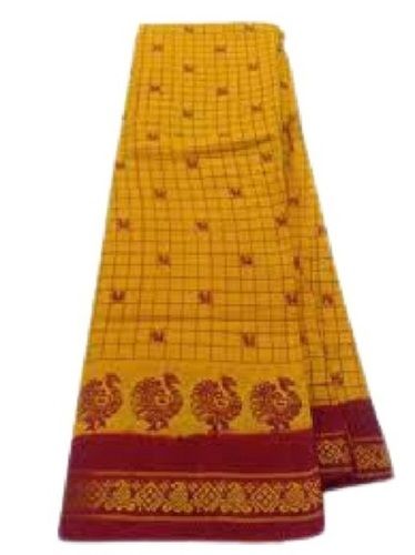 Summer Ladies Yellow With Brown Printed Casual Wear Cotton Saree