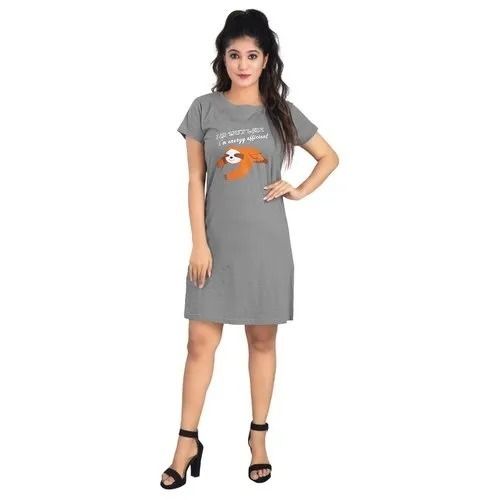 Grey Light Weight Confortable Breathable Short Length Cotton Printed Nighty For Female