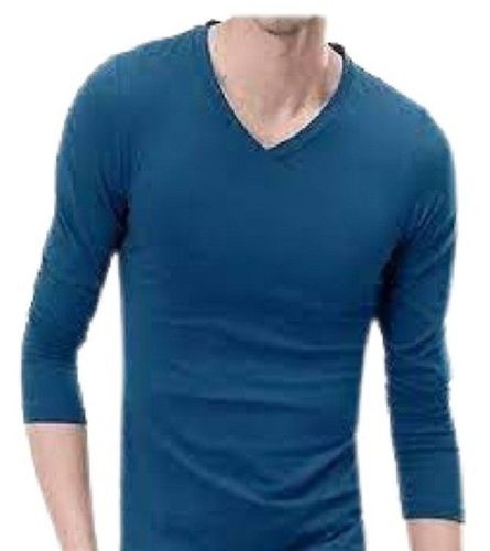 Blue Mens Plain V Neck Long Sleeve Casual Wear Cotton T Shirt