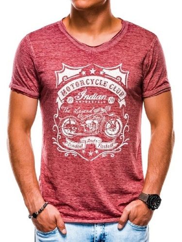 Mens Printed Red Short Sleeve Cotton T Shirt