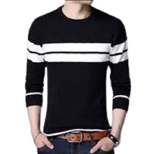 Black Multi Color Striped Pattern Long Sleeves Round Neck Casual Wear Men'S T Shirts