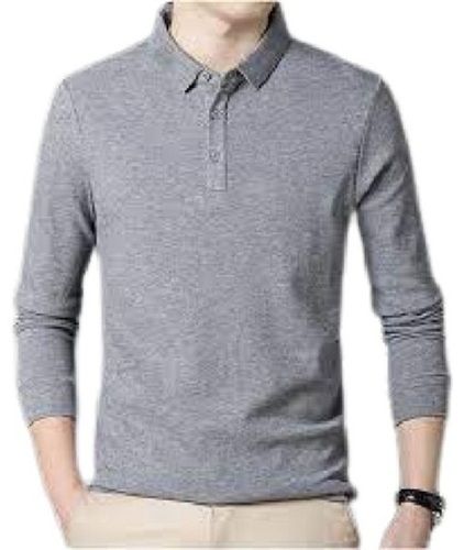 Grey Plain Pattern Long Sleeve Polo Neck Men'S T-Shirts