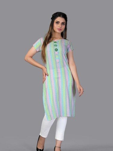 Short Sleeves Knee Length Striped Ladies Kurti