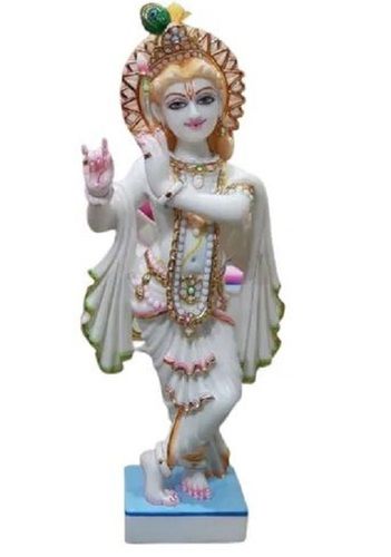 Durable 20 Inch High White Marble Lord Krishna Statue With Square Foundation