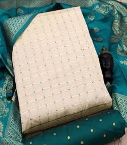 Breathable Light Grey With Green Cotton Salwar Suits With Dupatta Decoration Material: Stones