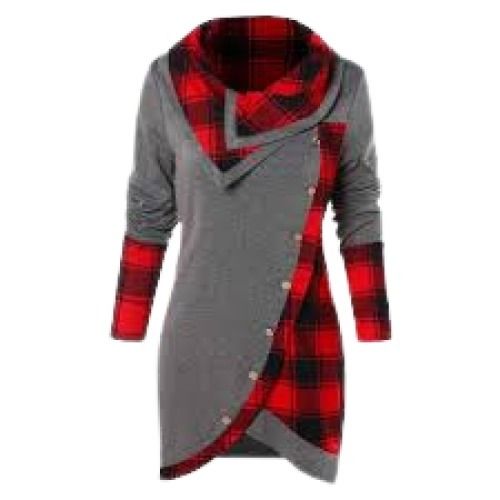 Grey With Black Ladies Checked Casual Wear Tops