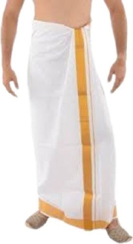 White With Golden Mens Plain Dyed Traditional Wear Cotton Dhoti