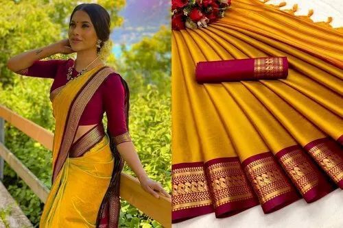 Party Wear Contrast Heavy Border Cotton Silk Saree With Blouse Piece