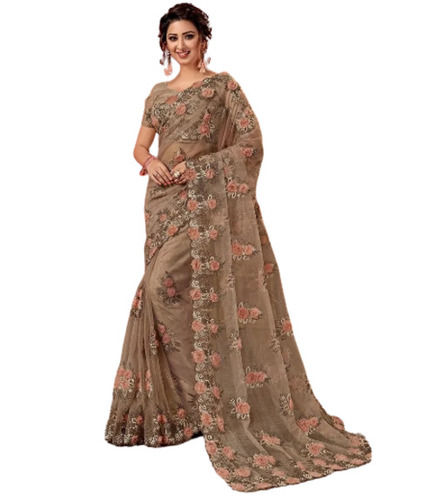 Brown 6 Meter Summer Season And Embroidery Work Designer Net Saree For Ladies