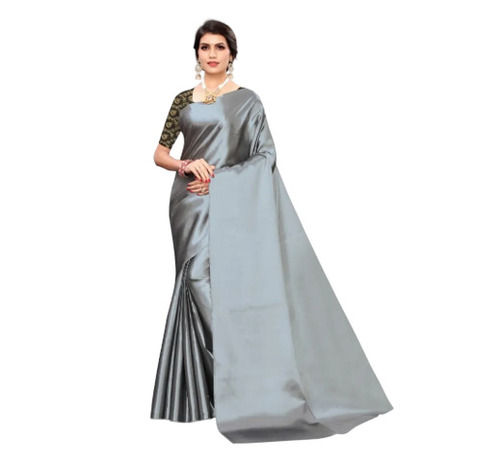 Grey 99% Pure 6.3 Meter Plain Pattern And Party Wear Satin Saree For Ladies