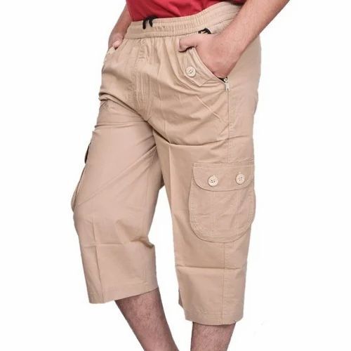 Light Brown Anti Wrinkle Quick Dry Unfadable Plain Dyed Cotton Capri For Men