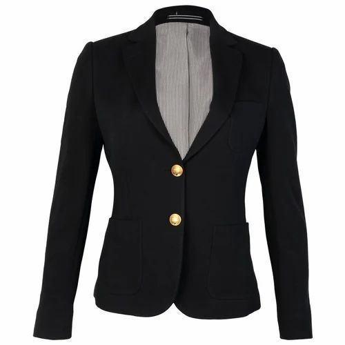 Black Button Closure Full Sleeves Formal Wear Plain Cotton Blazer For Ladies 