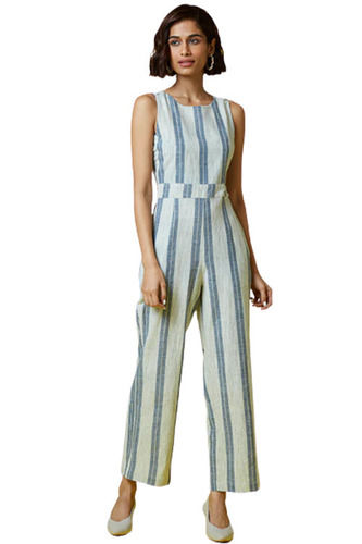 White Casual Wear Sleeveless Round Neck Striped Cotton Jumpsuit For Ladies