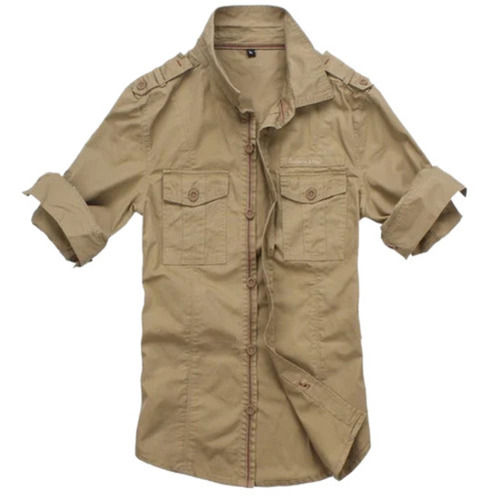 Full Sleeves Spread Collar Plain Cotton Cargo Shirt For Unisex