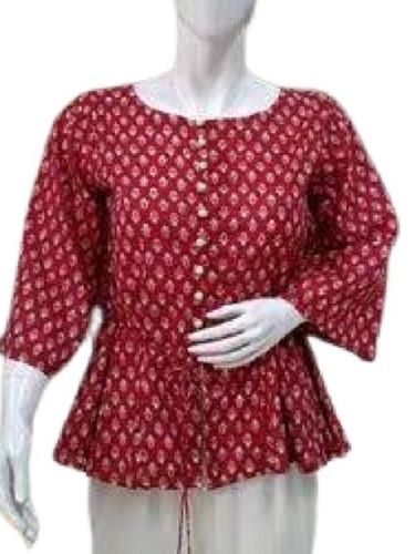 Maroon Ladies Printed 3/4Th Sleeve Casual Wear Top