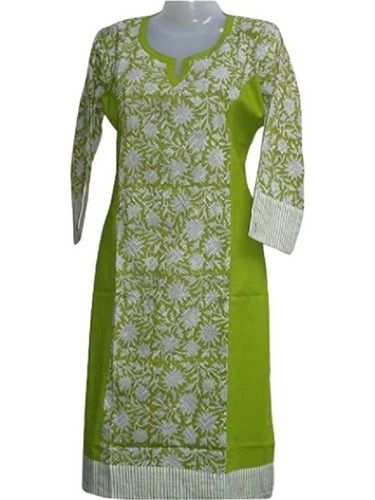 Green 3/4Th Sleeves Printed Casual Wear Cotton Kurti For Ladies