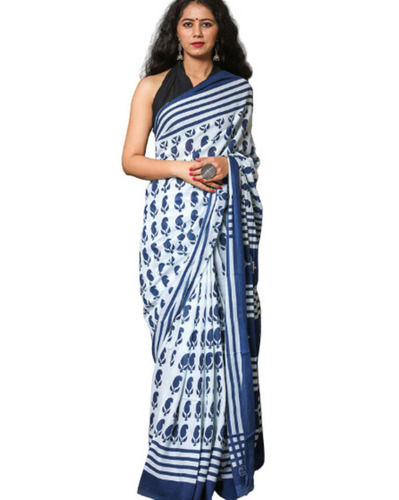 White And Blue Casual Wear Light Weight Skin Friendly Printed Cotton Saree With Blouse Piece