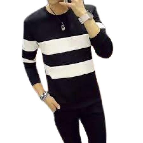 Black With White Mens Causal Wear Full Sleeve Striped Cotton T Shirt