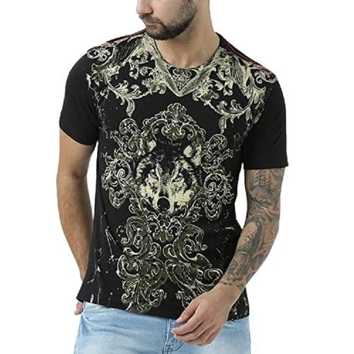 Mens Printed Black Short Sleeve Cotton T Shirt Age Group: Above 18