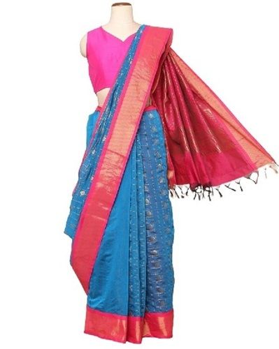 Sky Blue With Pink Multi Color Plain Pattern Party Wear Pure Cotton Ladies Silk Sarees