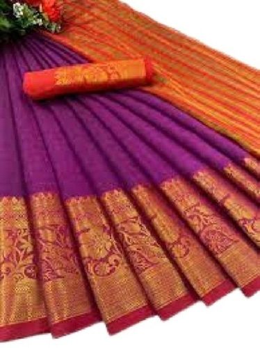 Purple With Orange Multi Color Plain Traditional Wear Pure Cotton Sarees For Ladies