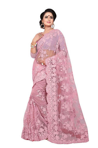 Pink Party Wear Light Weight Embroidered Designer Net Saree With Blouse Piece