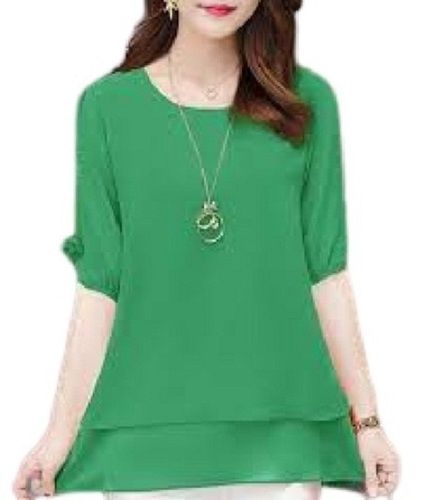 Green Plain Pattern 3/4Th Sleeves Casual Wear Georgette Ladies Tops