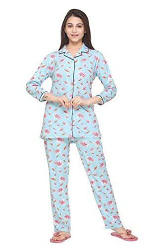 Light Blue Printed Cotton Full Sleeves Shirt And Pajama Night Suit For Ladies