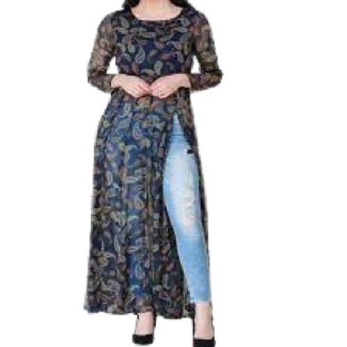 Black Round Neck Printed Pattern Casual Wear Front Split Open Ladies Kurta