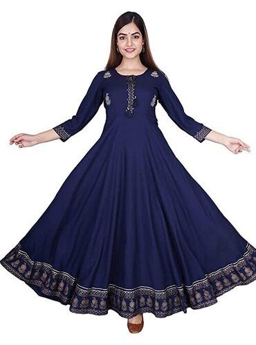 3/4Th Sleeves Round Neck Party Wear Cotton Anarkali Kurti For Ladies Bust Size: 32 Inch (In)