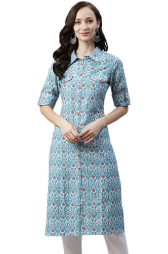 Formal Wear Button Closure 3/4Th Sleeves Anti Wrinkle Rayon Printed Kurti Bust Size: 32 Inch (In)