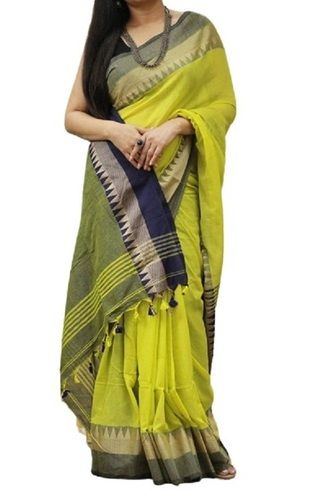 Green Ladies Plain Casual Wear Cotton Saree