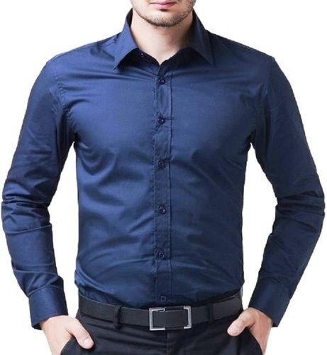 Mens Plain Formal Wear Full Sleeve Blue Cotton Shirt